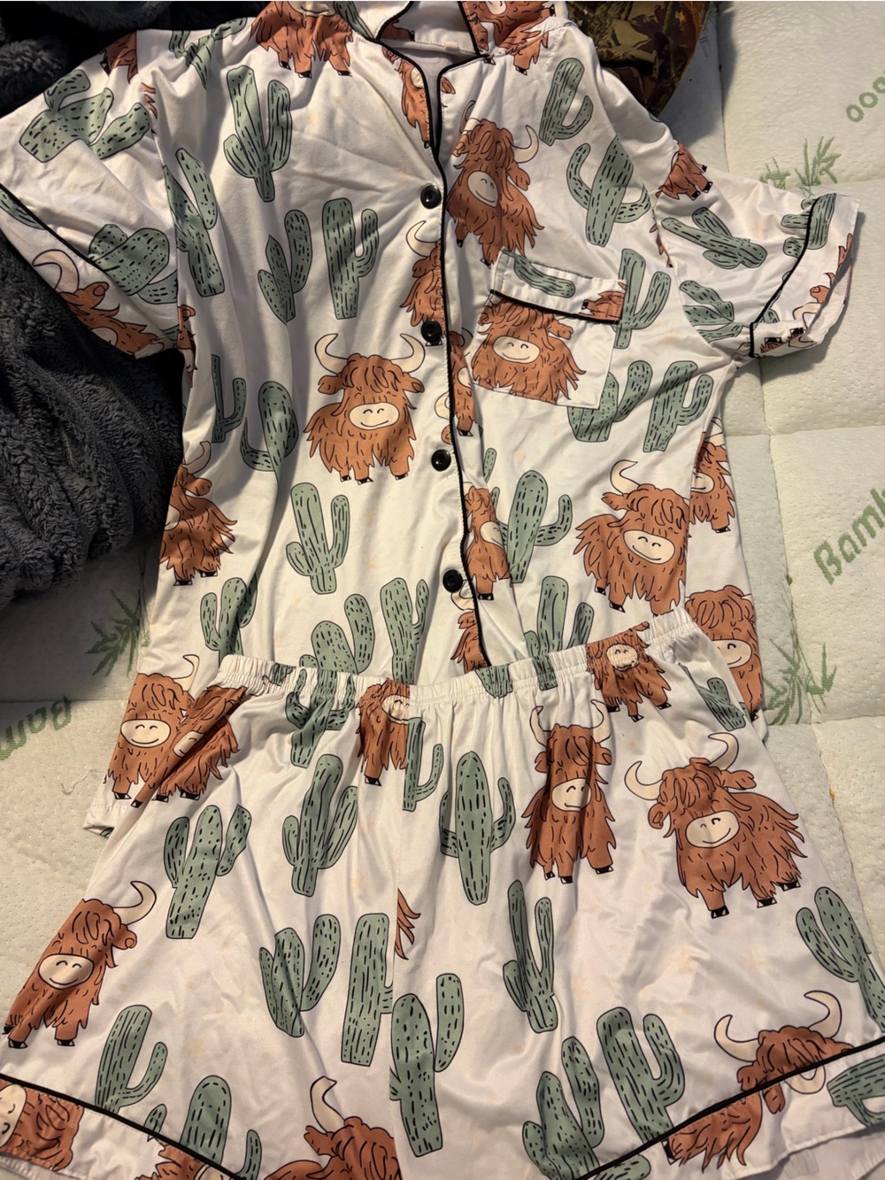 SHEIN White Brown Green Cactus & Highland Cow Pajama Set